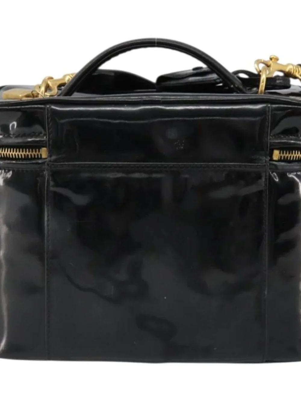 CHANEL Vanity Hand Bag Patent leather 2way Black Gold CC Auth MY059